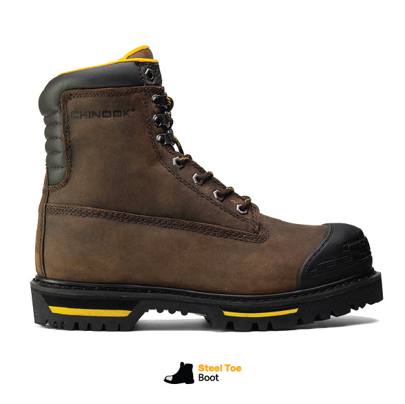Brown Chinook® Tarantula 8-inch steel toe men's work boot with durable leather and rugged sole for safety and comfort.