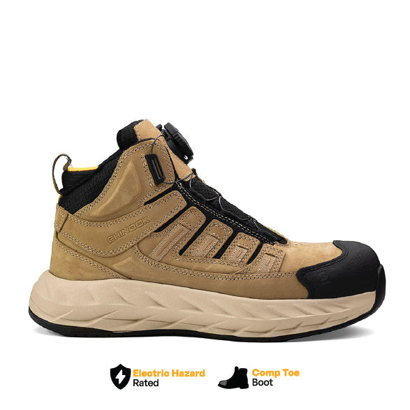 Tan Chinook® Pro Safety Mid 6" composite toe men's work and casual shoe with beige accents and sturdy design.