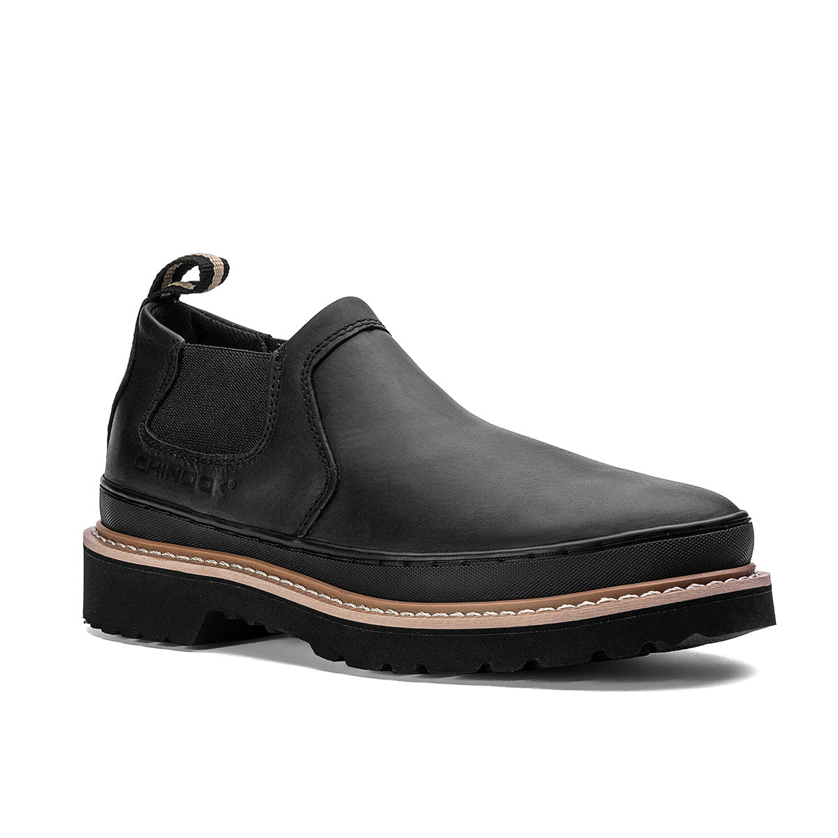 Black Romeo men's light duty work and casual boot by Chinook® Footwear, showing a sleek black leather design with sturdy sole.