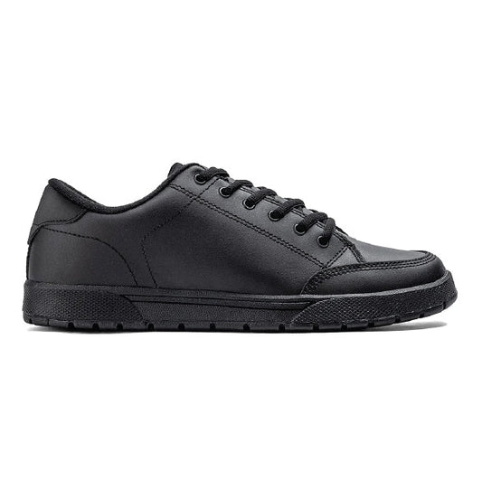 Chinook® men's black skater non-slip shoes for work and casual wear, featuring durable black leather and slip-resistant soles.