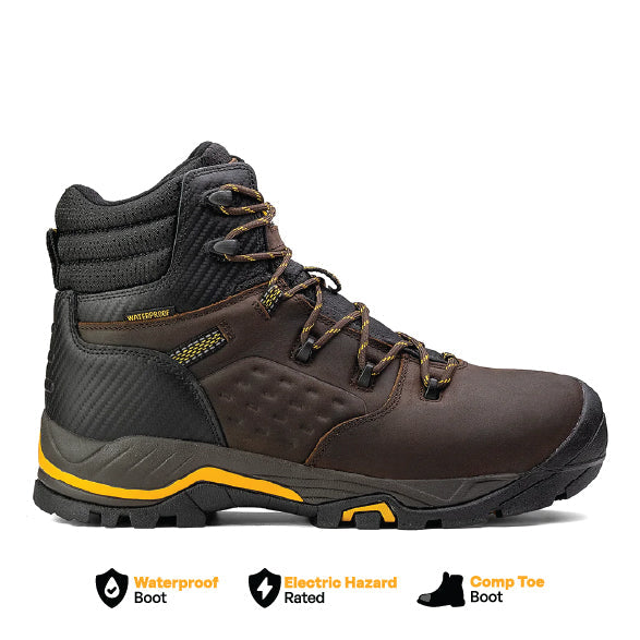 Chinook® Olympic 6-inch brown waterproof work hiker boot with composite toe, rugged leather design and slip-resistant sole.