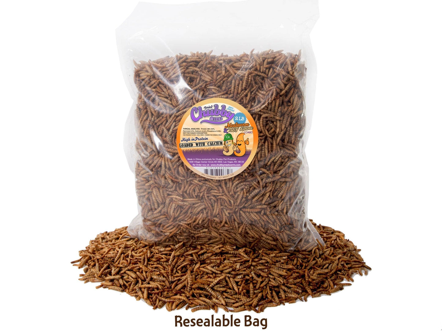 2lb Chubby Mix from Chubby Mealworms USA featuring mealworms and black soldier fly larvae in a resealable bag.