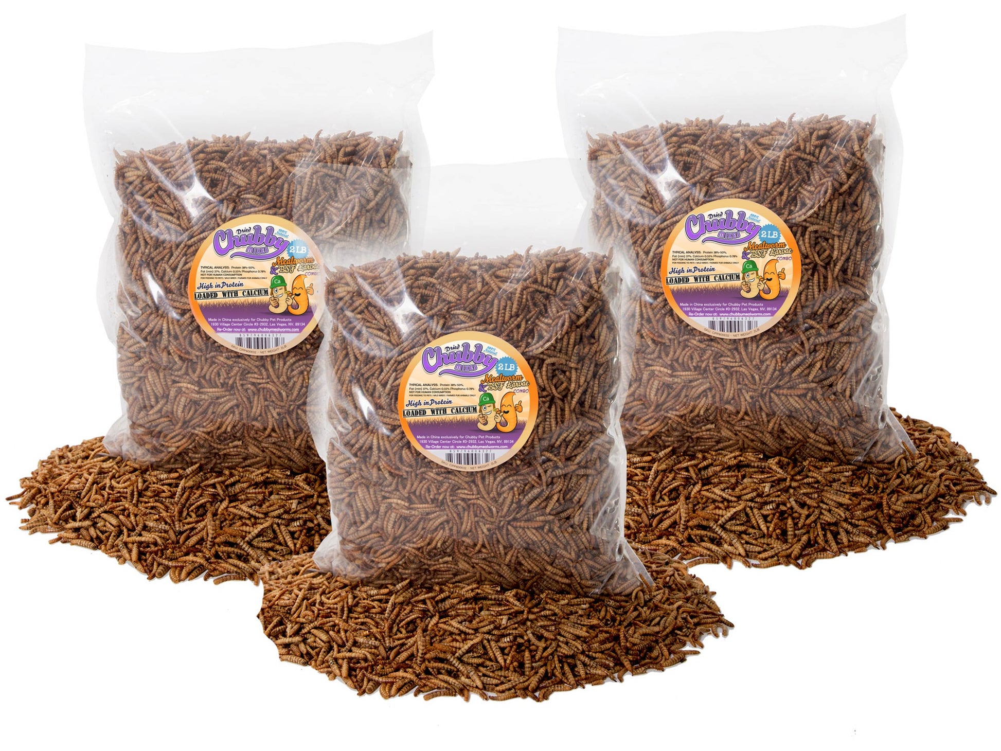 Chubby Mix by Chubby Mealworms USA, a 6lb combo of mealworms and black soldier fly larvae in a clear bag.