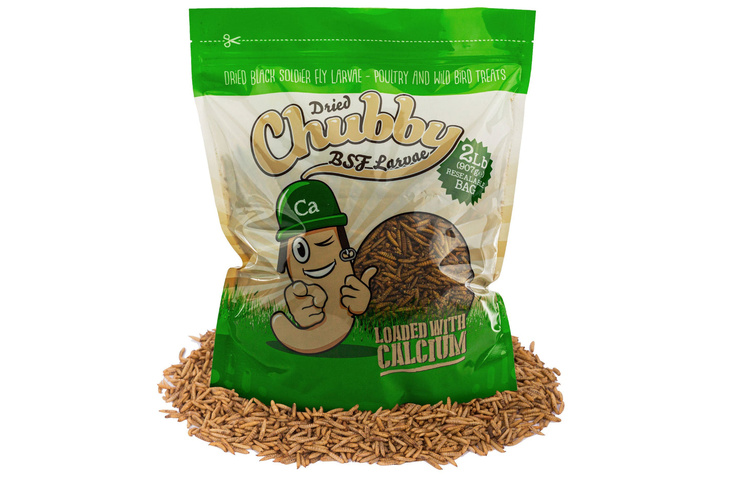 2LB Chubby Dried Black Soldier Fly Larvae from Chubby Mealworms USA, showing dried black soldier fly larvae in a clear container.
