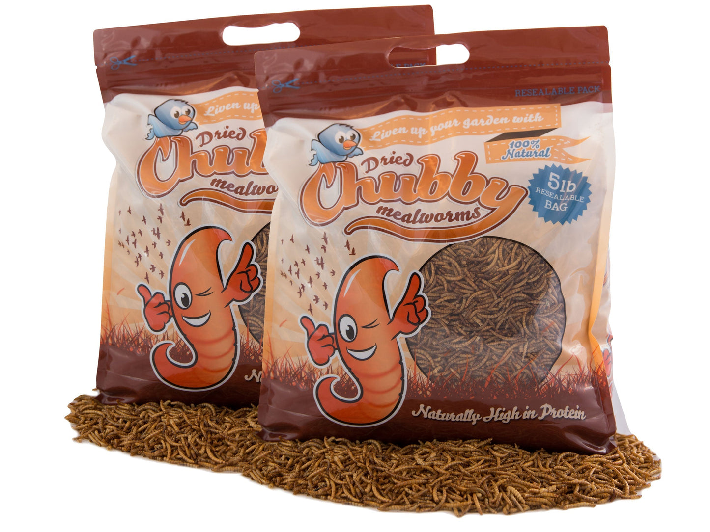 10-pound bag of Chubby Mealworms USA dried mealworms, fresh and crunchy for bird and wildlife feeding.