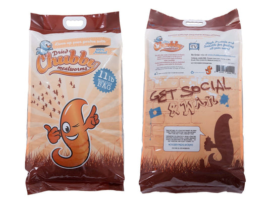 Chubby Mealworms USA 22lbs dried mealworms in a clear container for bird and reptile feed, showing golden dried mealworm pellets.
