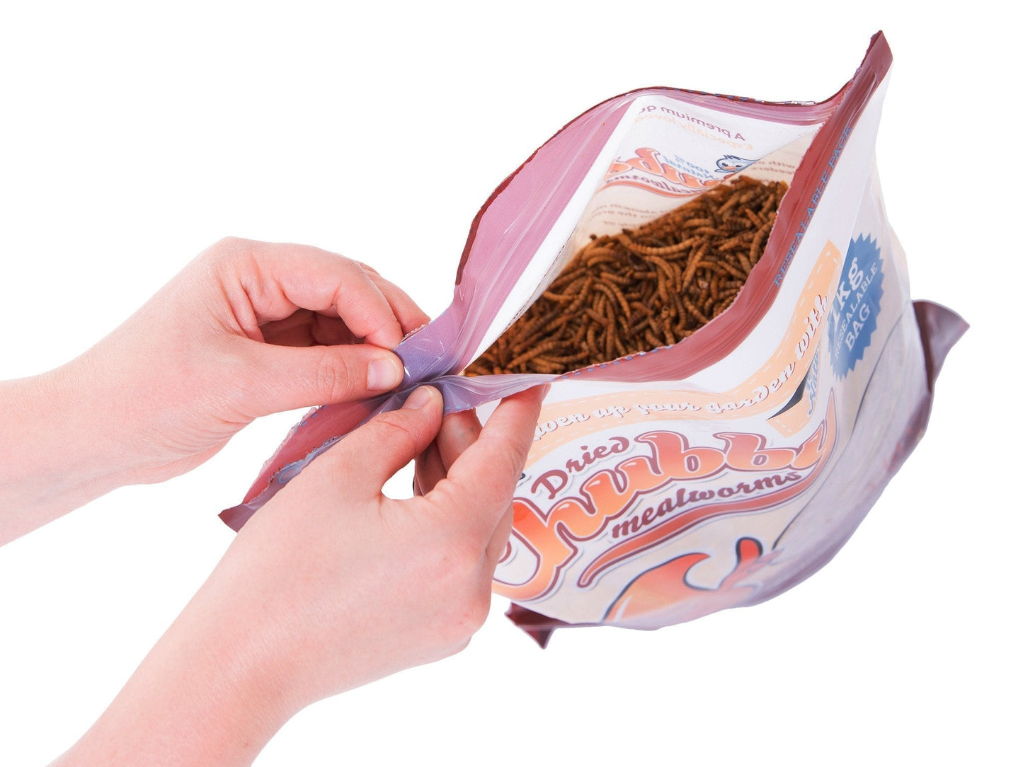 5-pound bag of Chubby Dried Mealworms by Chubby Mealworms USA, showing small, dried, crunchy mealworms in a clear bag.