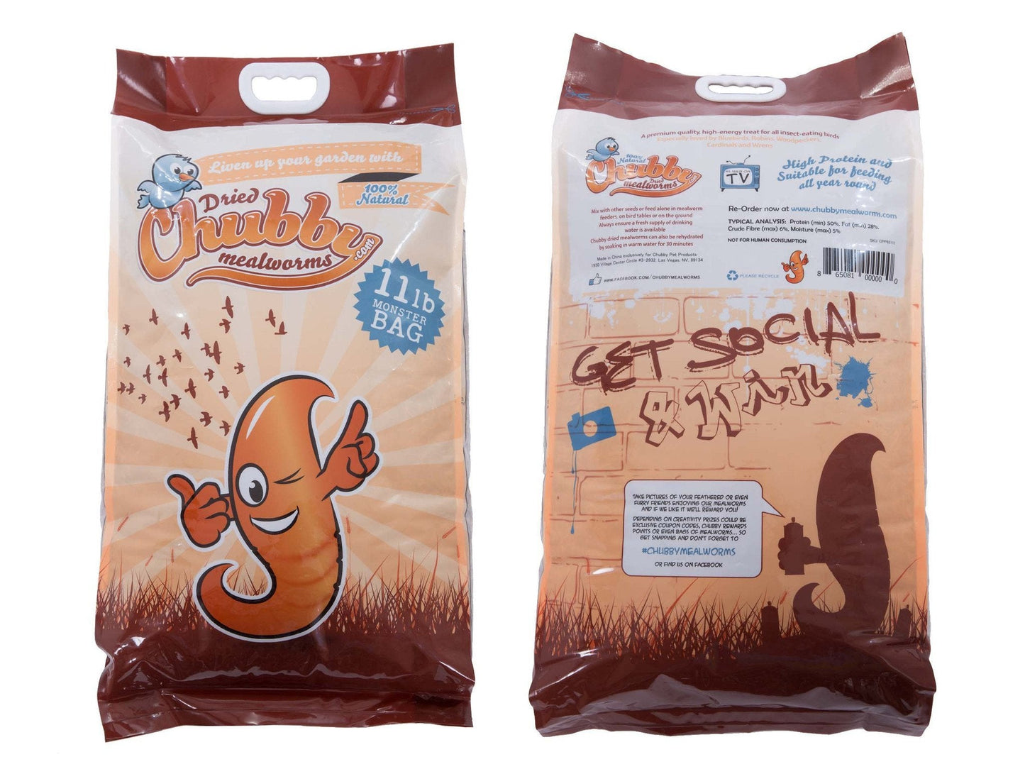 11lbs of Chubby Dried Mealworms by Chubby Mealworms USA, showing crunchy, dried mealworms in a clear container.