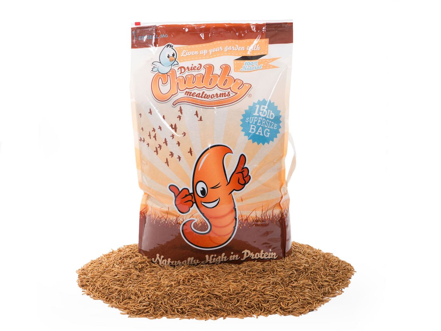 15-pound bag of Chubby Dried Mealworms by Chubby Mealworms USA, showing dried, crunchy mealworms in a natural state.