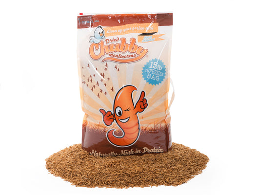 15-pound bag of Chubby Dried Mealworms by Chubby Mealworms USA, showing dried, crunchy mealworms in a natural state.