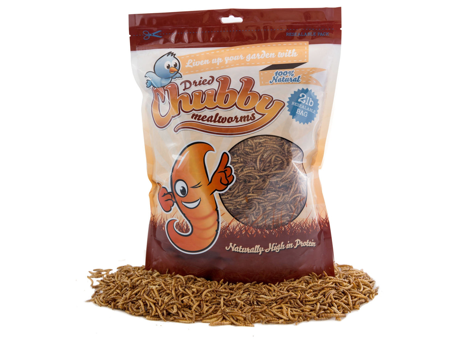 2-pound bag of Chubby Dried Mealworms from Chubby Mealworms USA, showing dried, crunchy mealworms in a clear bag.