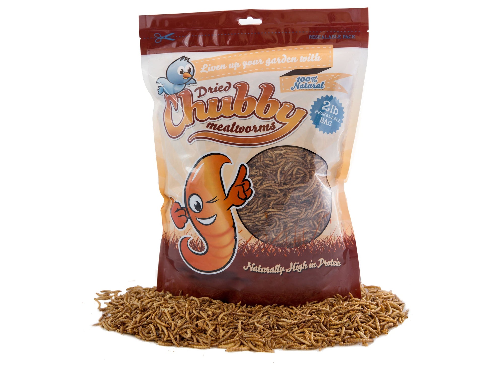 2-pound bag of Chubby Dried Mealworms from Chubby Mealworms USA, showing dried, crunchy mealworms in a clear bag.