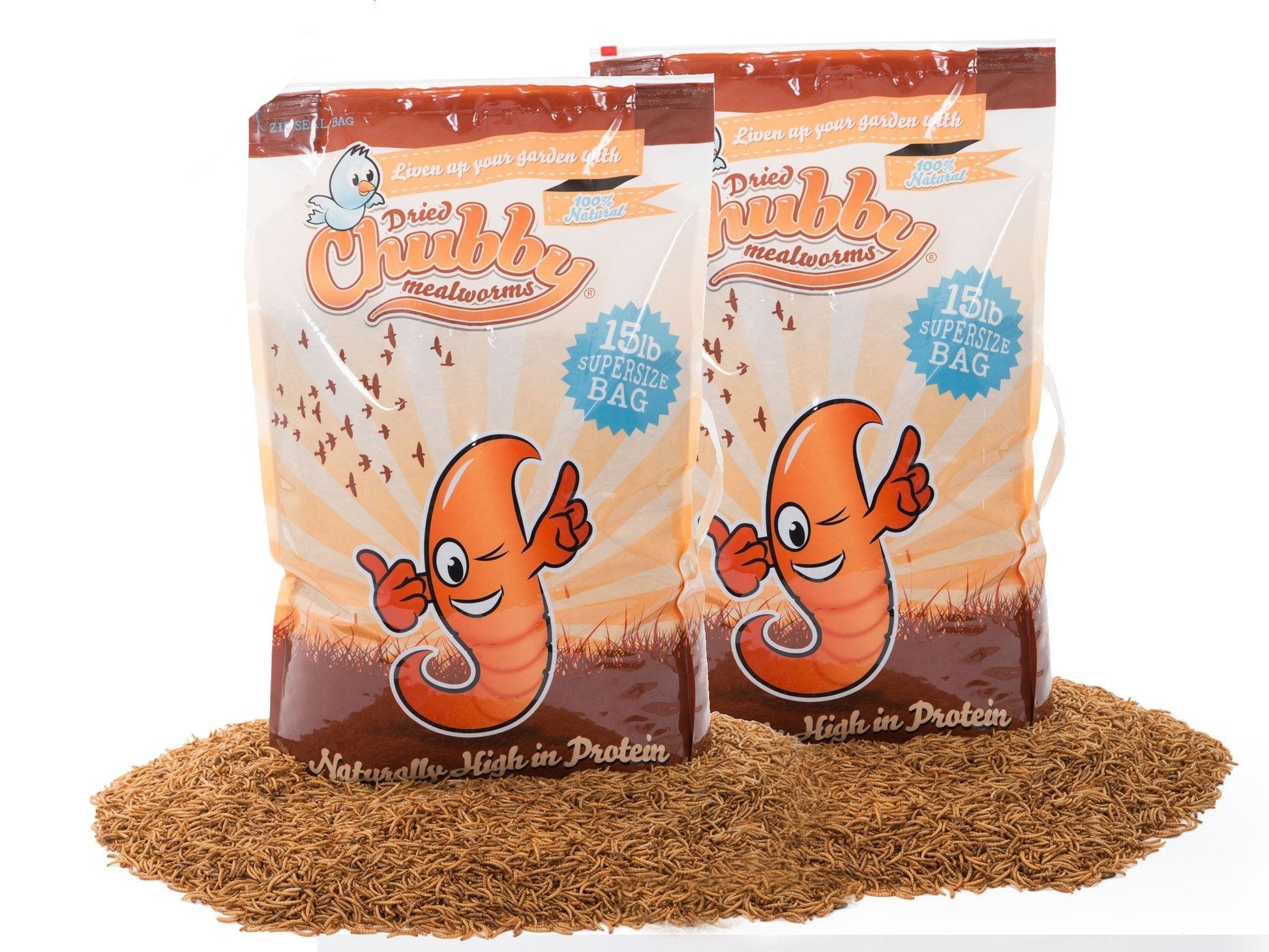 30-pound bag of Chubby Mealworms USA dried mealworms, showing the product packaging with dried mealworms inside.