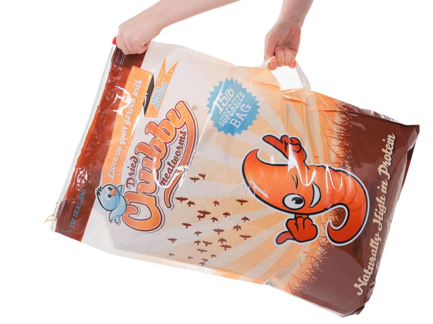 30-pound bag of Chubby Dried Mealworms from Chubby Mealworms USA, showcasing dried mealworms in a natural state.