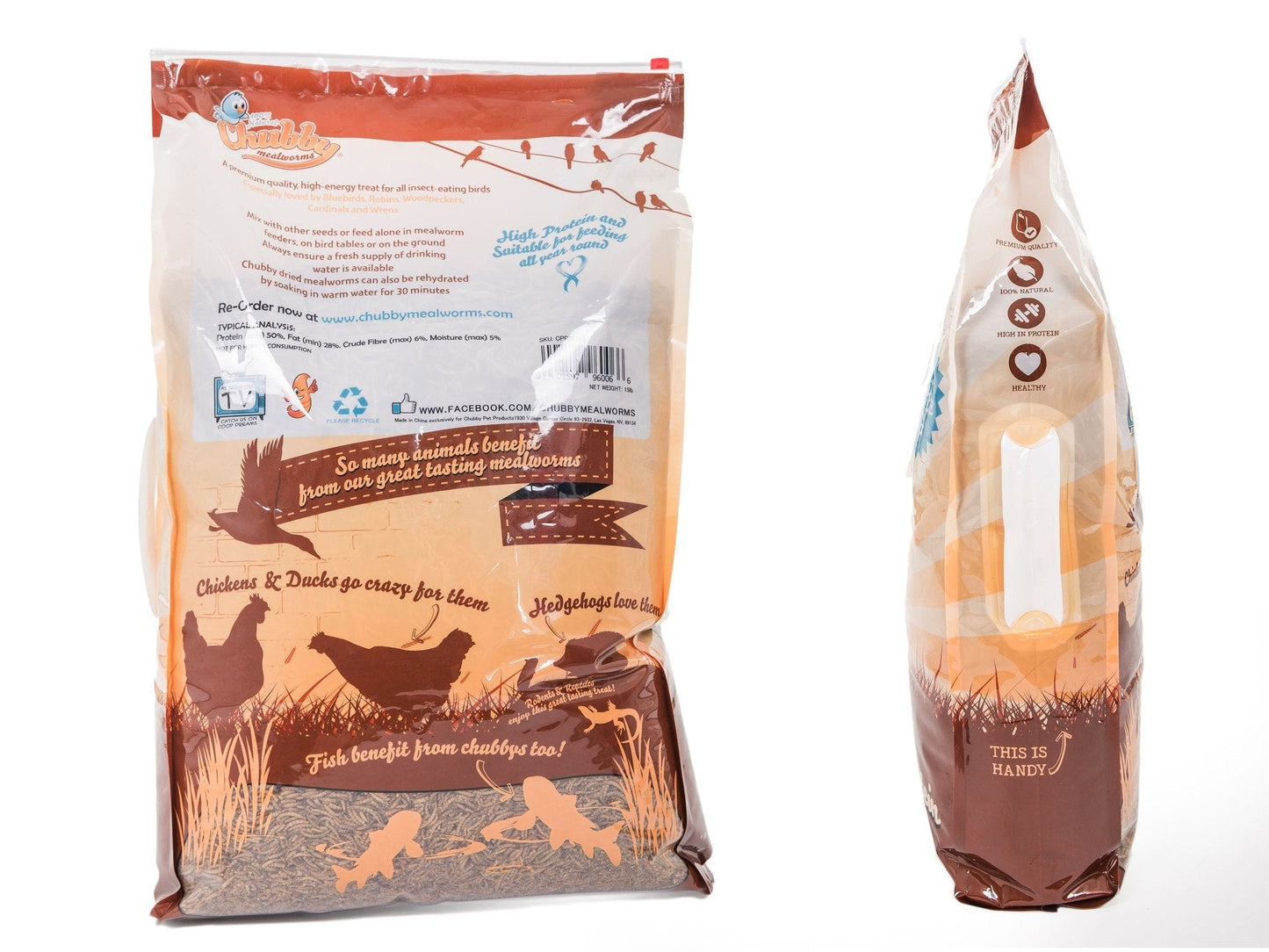 30lbs Chubby Dried Mealworms from Chubby Mealworms USA, showing a large bag of dried mealworms for bird and animal feed.