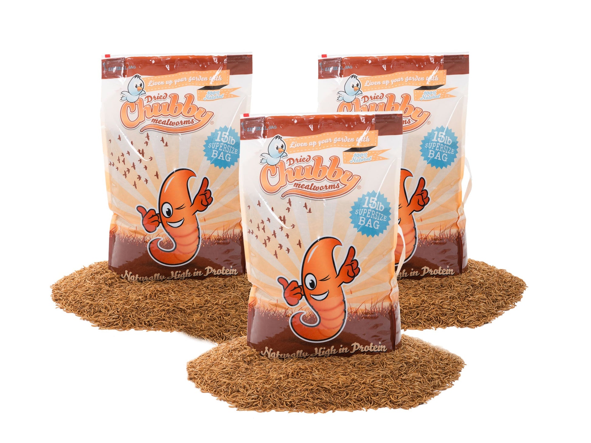 Chubby Mealworms USA 45lbs dried mealworms in a clear bag, showing small, brown dried insect feed for birds and pets.