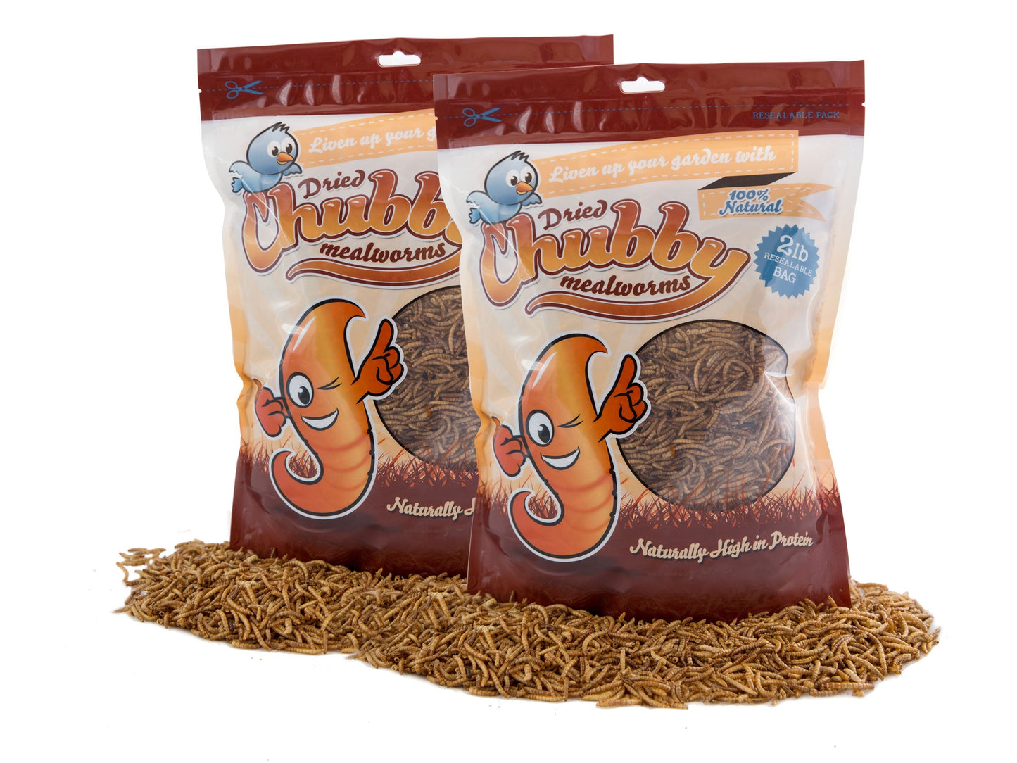 Chubby Mealworms USA dried mealworms in a 4-pound bag, high-quality protein snack for birds and wildlife.