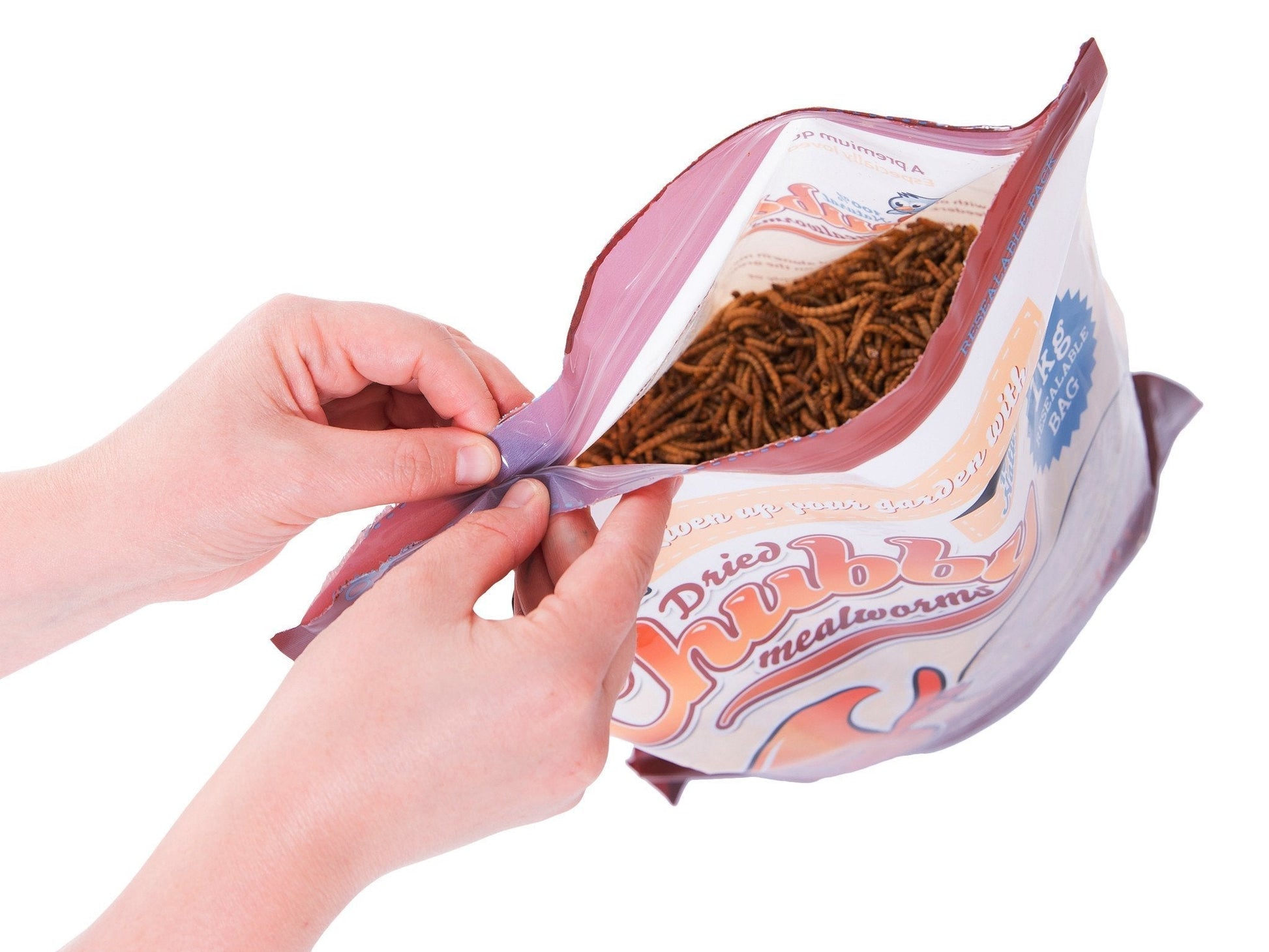 4-pound bag of dried mealworms from Chubby Mealworms USA, showing small, golden-brown dried mealworms in a clear bag.