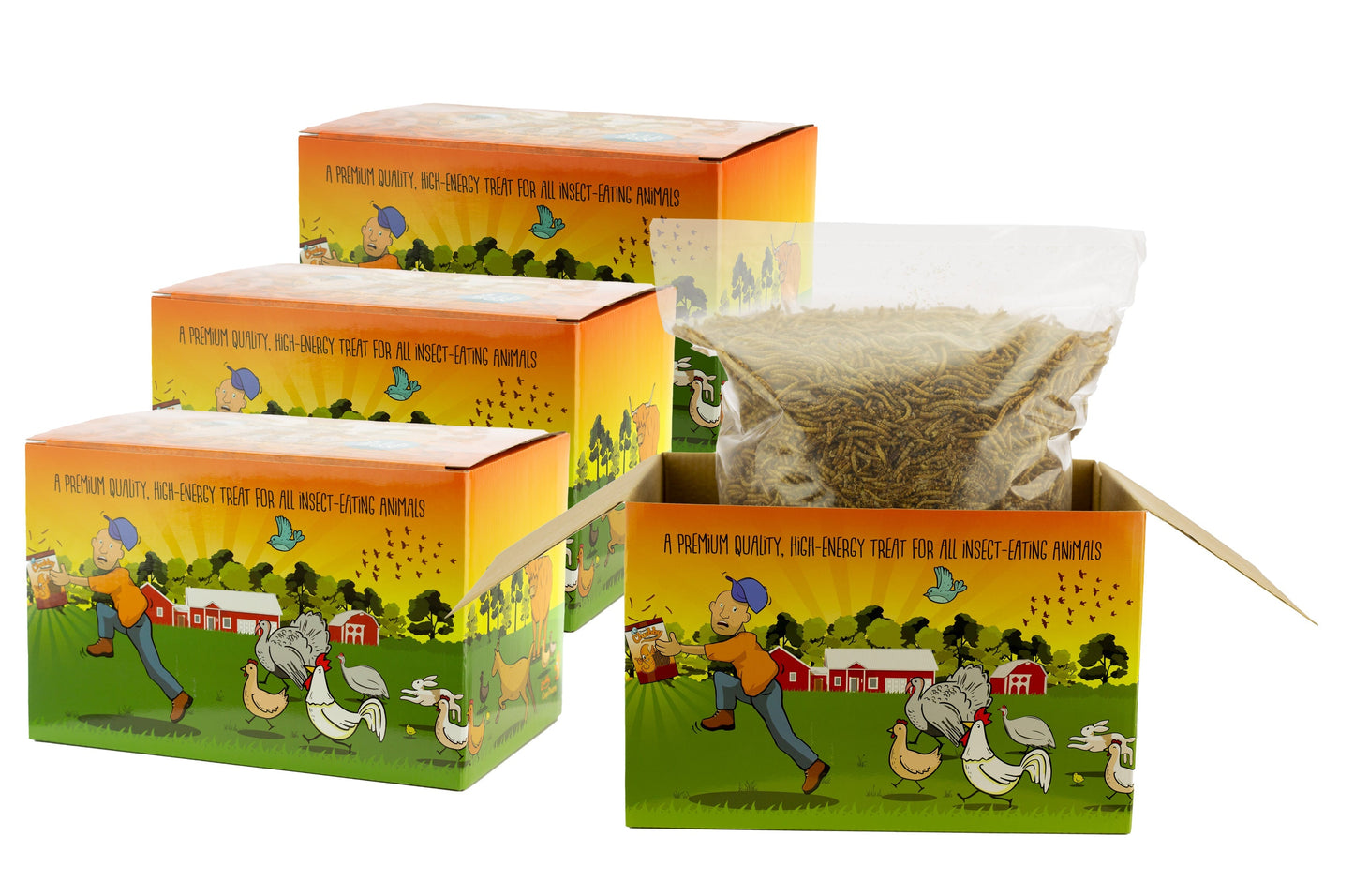 Four 3-pound boxes of Chubby Dried Mealworms by Chubby Mealworms USA in Coop Dreams Limited Edition packaging.