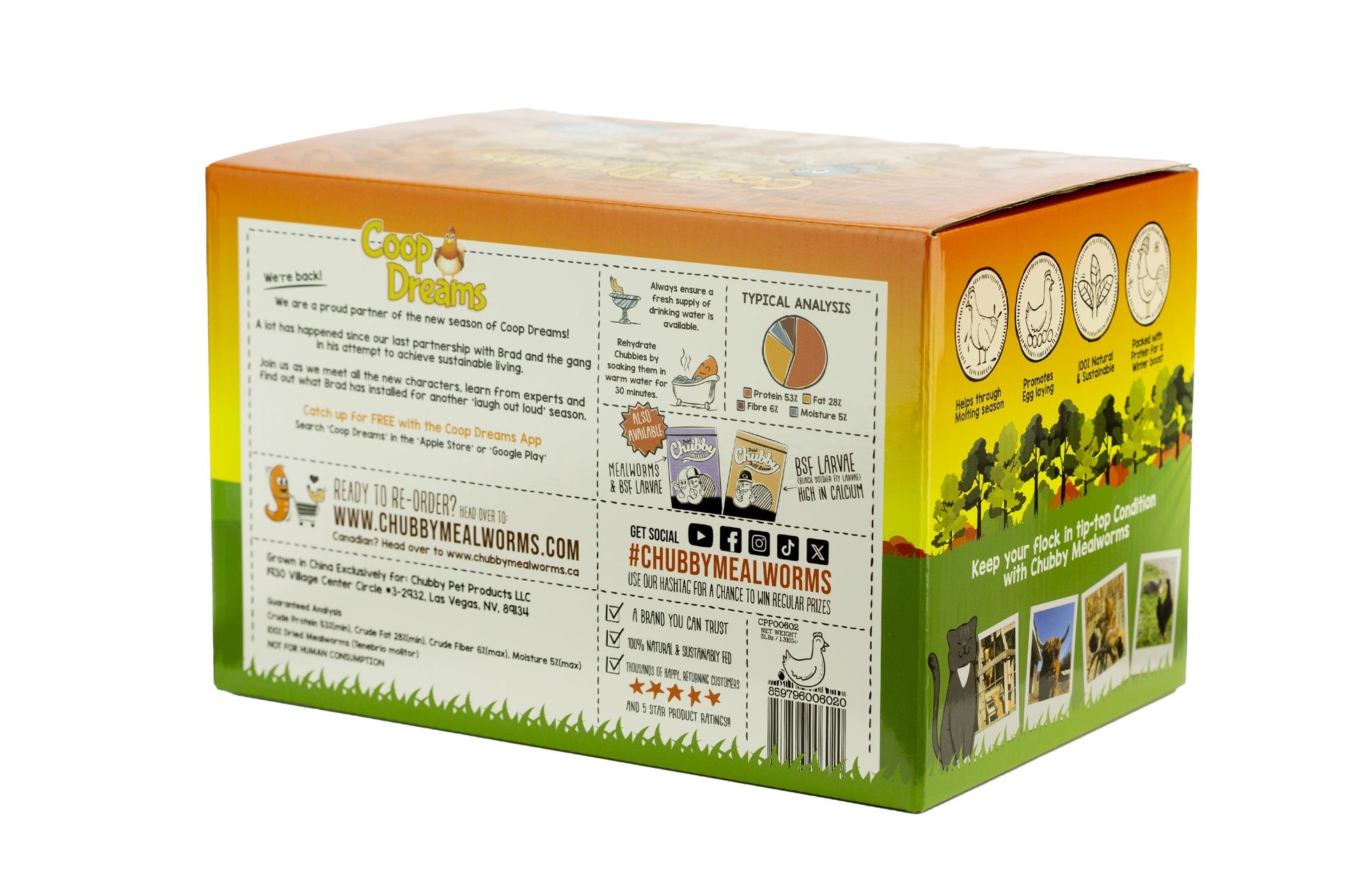 Chubby Mealworms USA dried mealworms in four 3lb boxes, ideal for poultry and bird feed, limited edition Coop Dreams packaging.