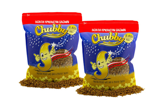 5-pound bag of Chubby Mealworms USA, North American grown dried mealworms, non-GMO, with visible worms in a sealed packaging.