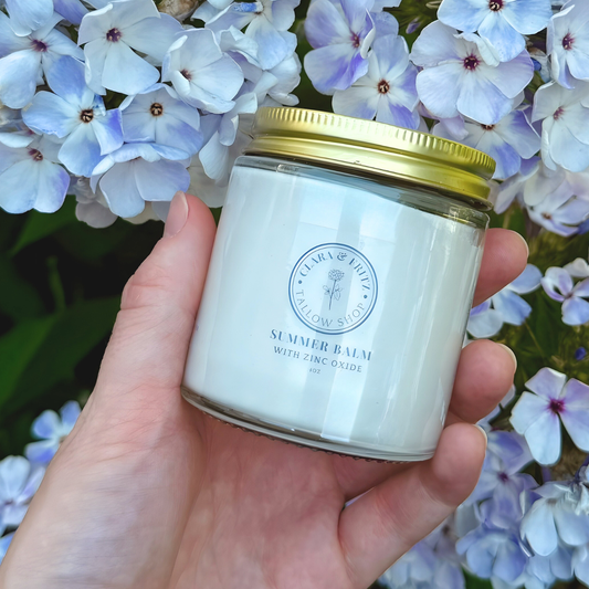 Clara & Fritz Tallow Shop Summer Balm for Body, 4oz, zinc oxide lotion and moisturizer for soothing skin.
