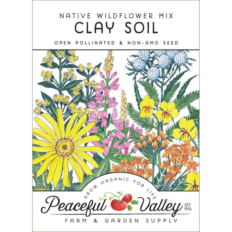 Native wildflower mix by Grow Organic in a pack, designed for planting in clay soil, featuring colorful native flower seeds.