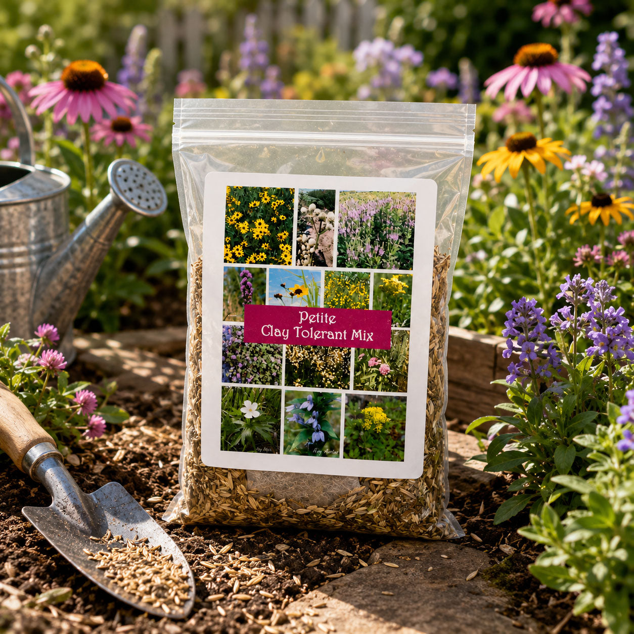 Petite clay-tolerant Nebraska wildflower seed mix in 1.44 oz package, ideal for home garden prairie planting.
