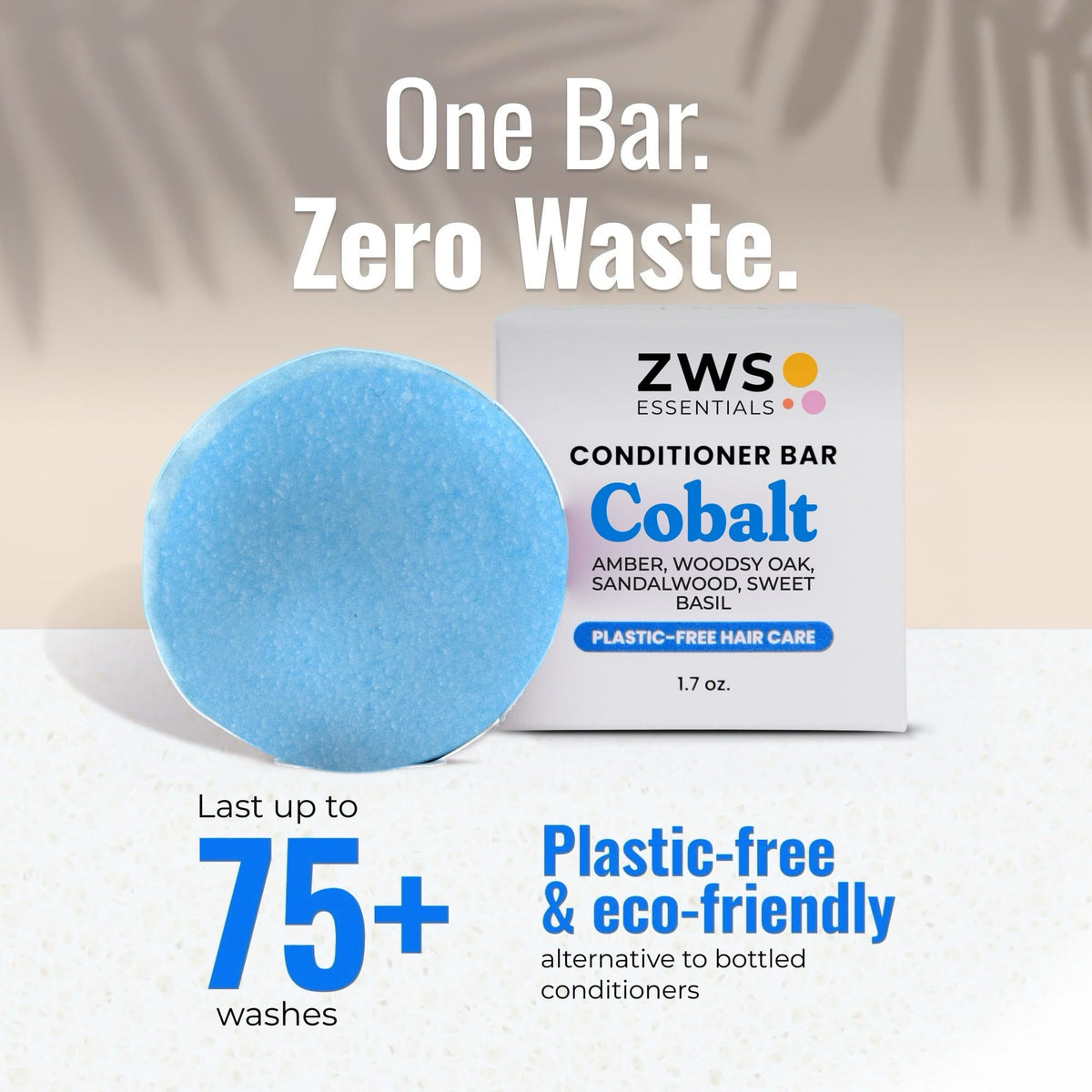 Cobalt-colored plastic-free conditioner bar from ZeroWasteStore.com, designed for 75 washes with a sleek, natural appearance.