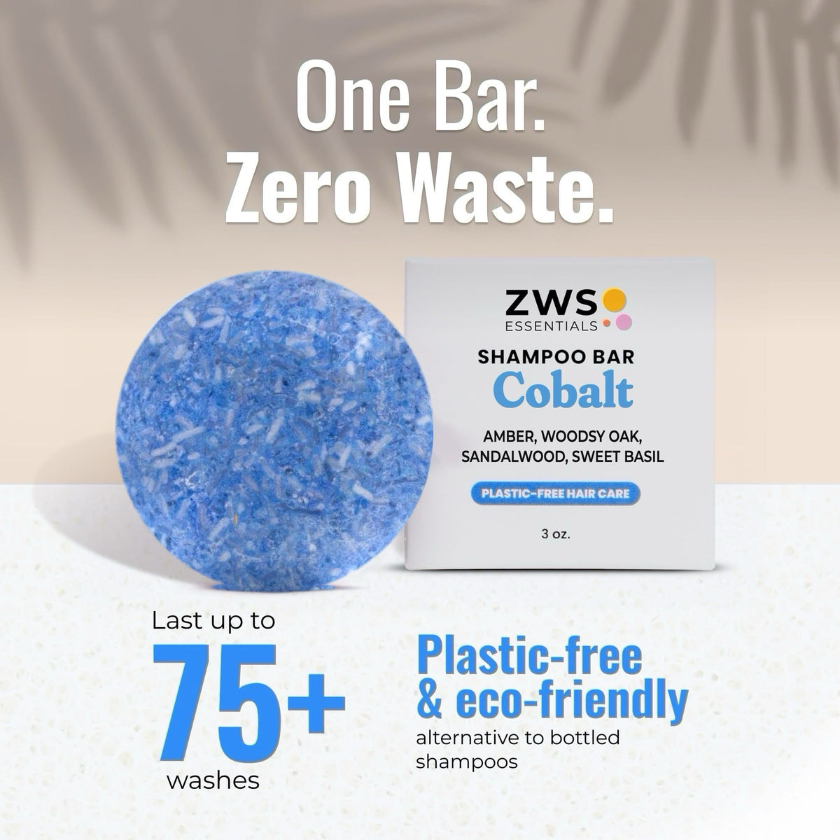 Cobalt-blue plastic-free shampoo bar by ZeroWasteStore.com with 75 washes, showing the solid shampoo’s smooth, rectangular shape.