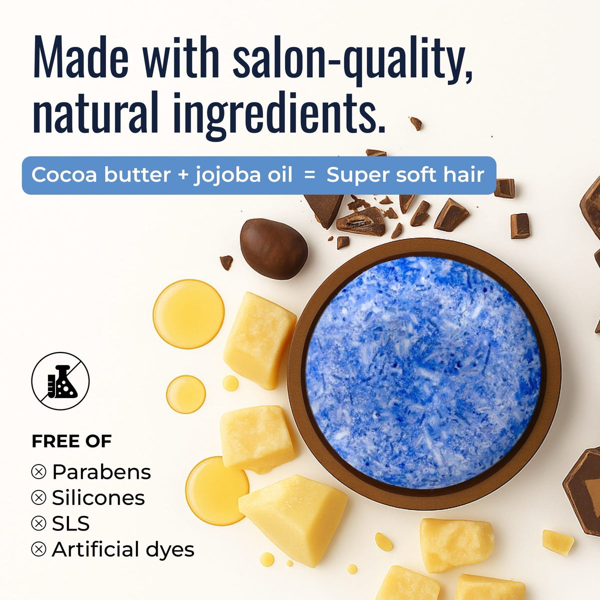 Cobalt-colored shampoo bar from ZeroWasteStore.com with natural ingredients like cocoa butter and jojoba oil.