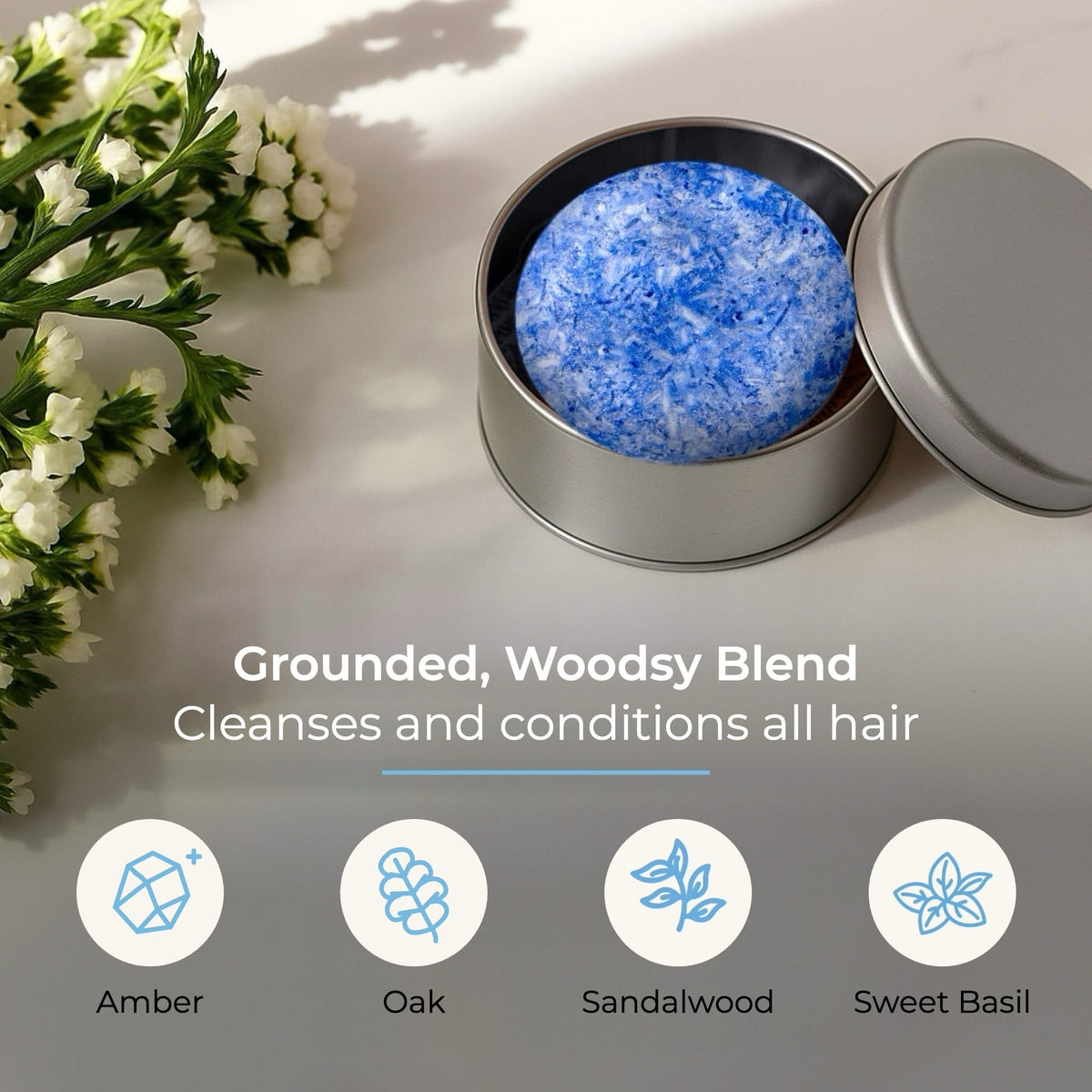 Cobalt-colored ZeroWasteStore.com shampoo bar with scent notes, shown with its vibrant bluish hue and packaging details.