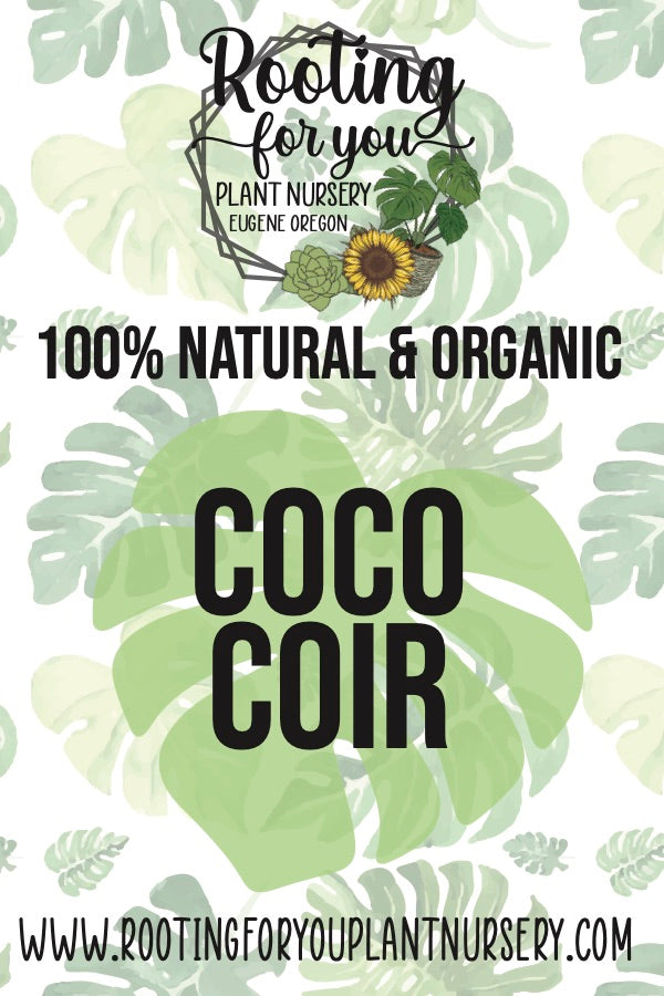 Organic Hydrated Coco Coir Soil Amendment in 8oz resealable bag, from Rooting For You Plant Nursery, showing coir material and packaging