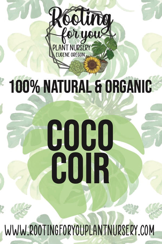 Organic Hydrated Coco Coir Soil Amendment in 8oz resealable bag, from Rooting For You Plant Nursery, showing coir material and packaging