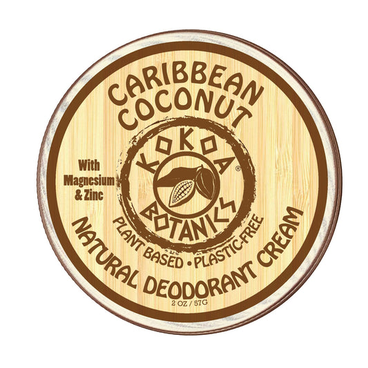 KOKOA BOTANICS Caribbean Coconut natural deodorant cream in 2.5 oz jar, aluminum-free with coconut scent and creamy texture.