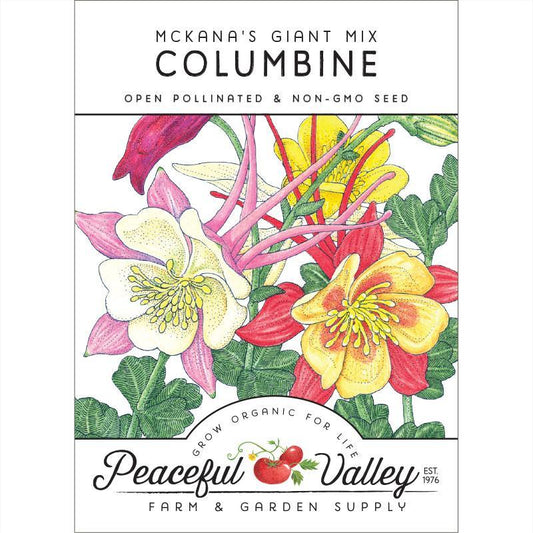 Pack of Grow Organic Columbine "McKana's Giant Mix" flower seeds showing colorful flower seed packets.