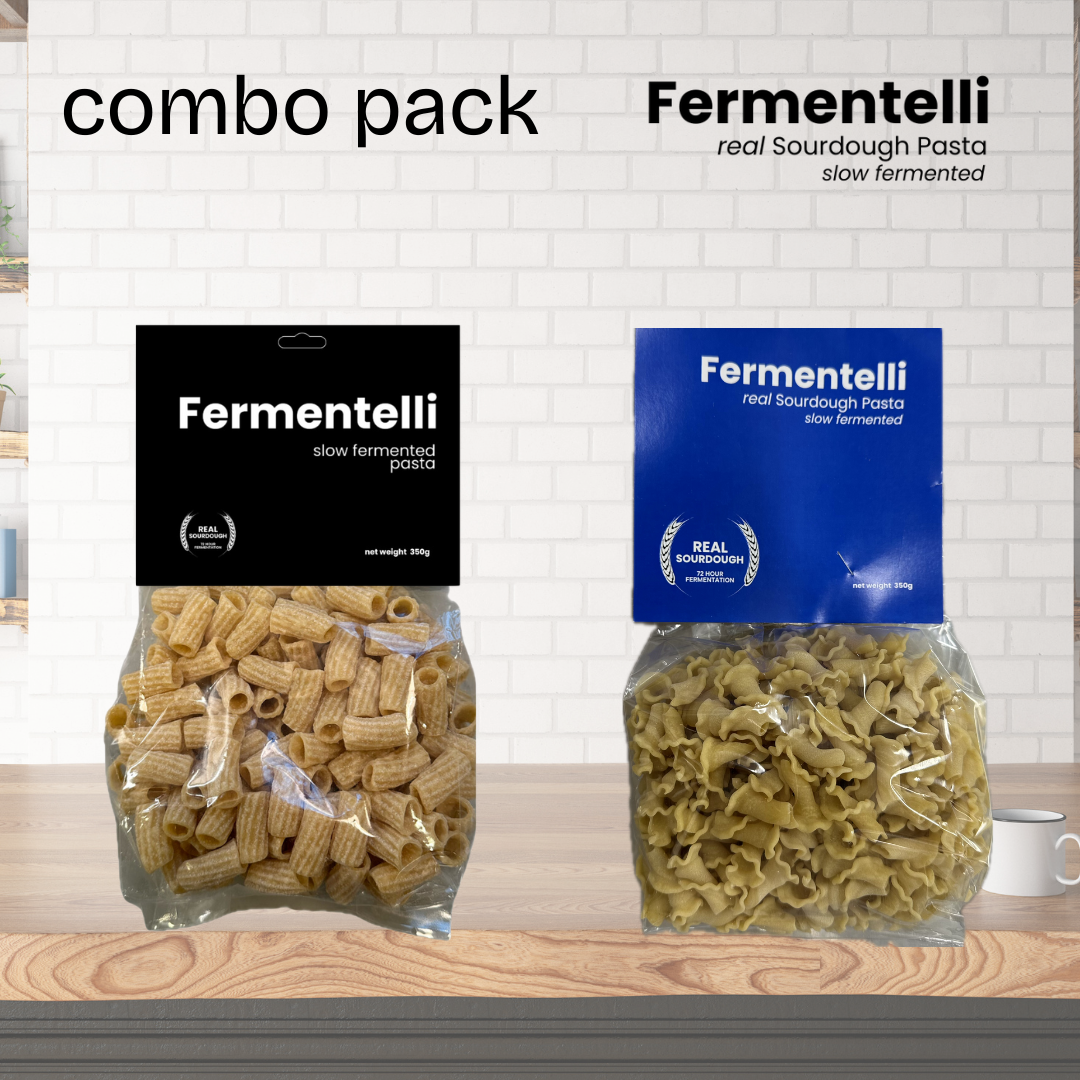 Fermentelli Pasta sourdough pasta combo pack featuring assorted pasta varieties on a rustic background.