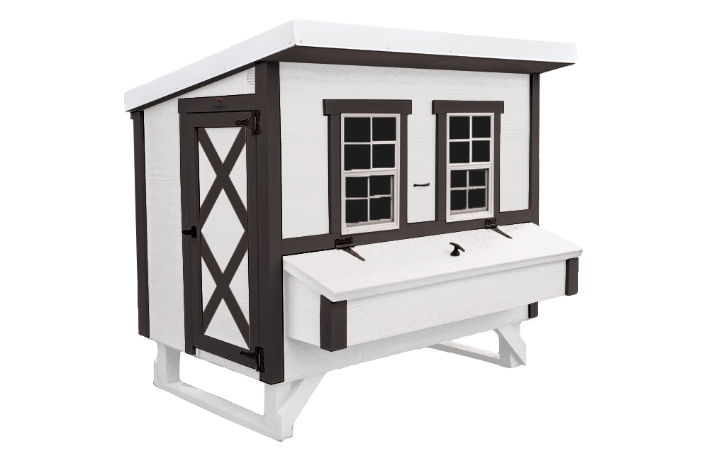 Large OverEZ Chicken Coop for up to 15 chickens, black and white outdoor poultry housing with spacious design and secure access.
