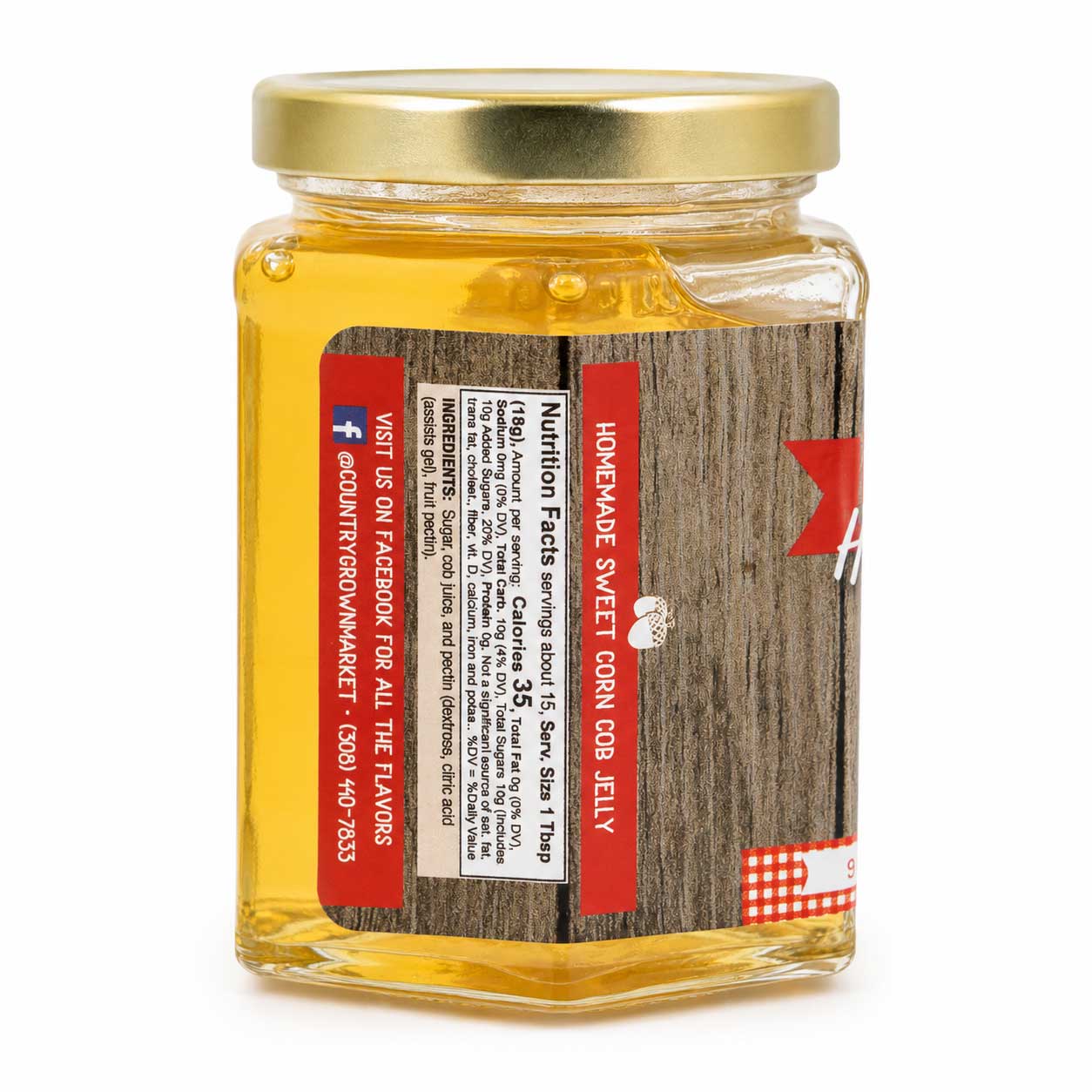 Sweet Corn Cob Jelly jar from Nutt Family Jams & Jellies, 9 oz, showing the jar with corn cob jelly inside.