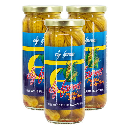 Pack of three 16 oz jars of Ely Farms pickled baby corn in food multipacks, showing fresh, pickled baby corn in jars.