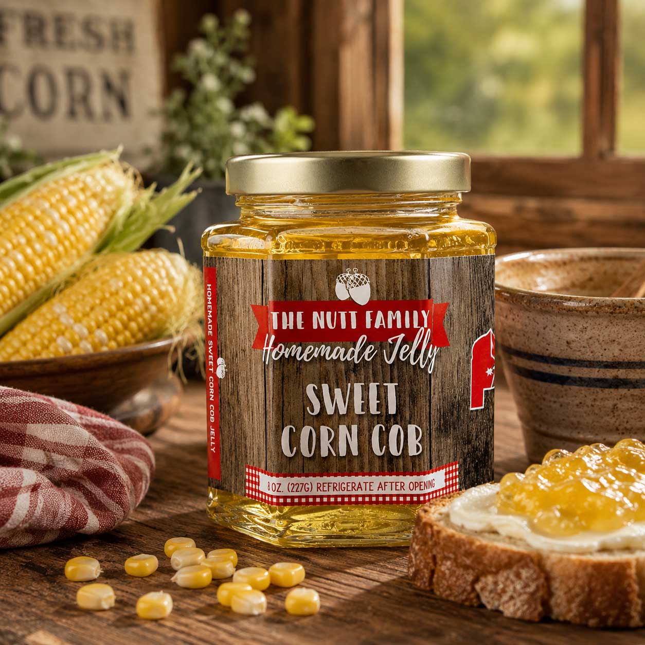 Sweet corn cob jelly jar from Nutt Family Jams, showing a clear glass container with golden jelly and corn cob details.