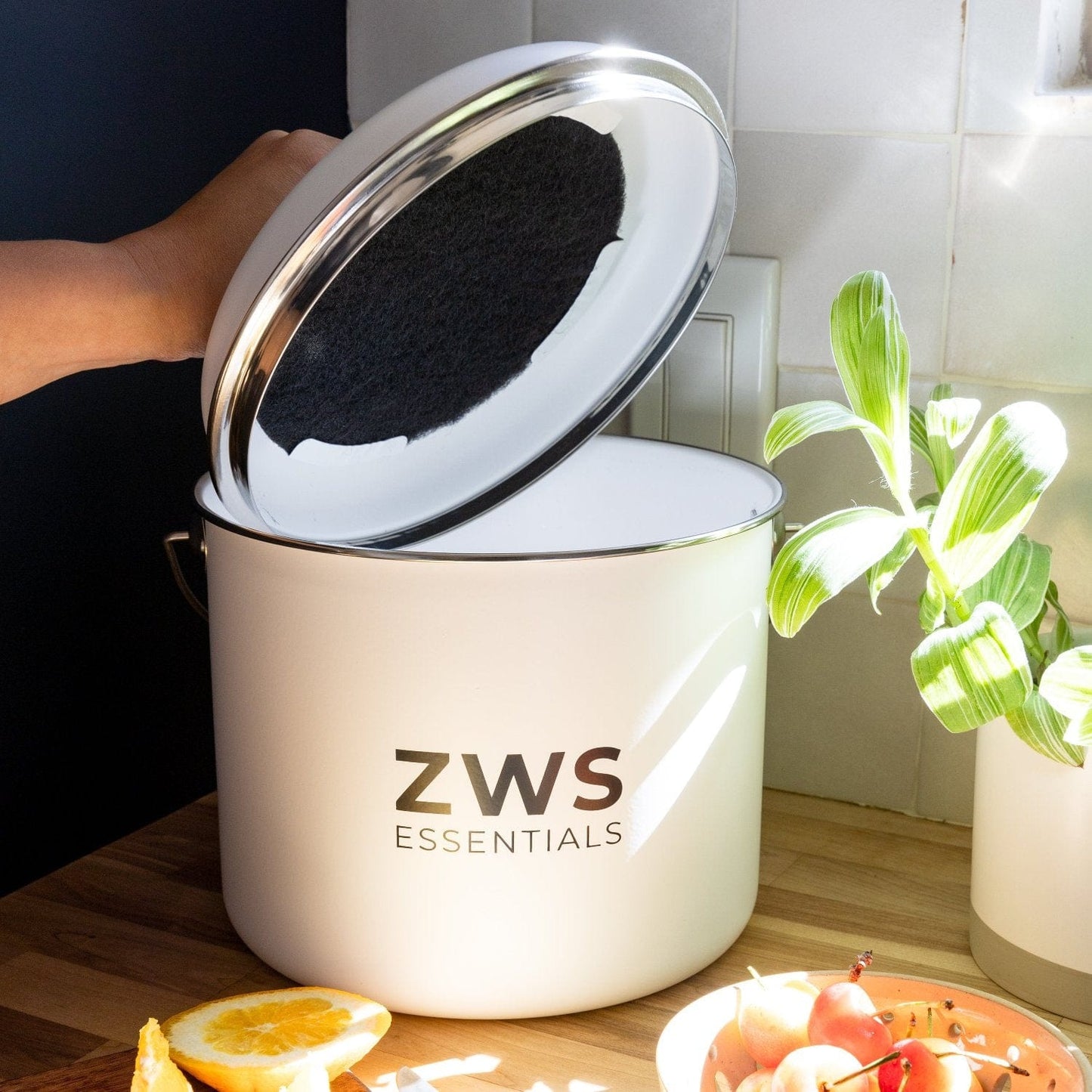 White countertop compost bin for kitchen, compact composters by ZeroWasteStore.com, ideal for eco-friendly food waste disposal.