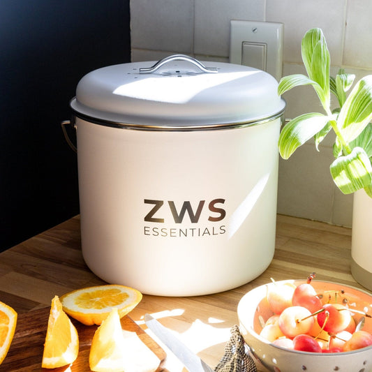 White countertop compost bin kit from ZeroWasteStore.com, compact kitchen composters for easy organic waste recycling.