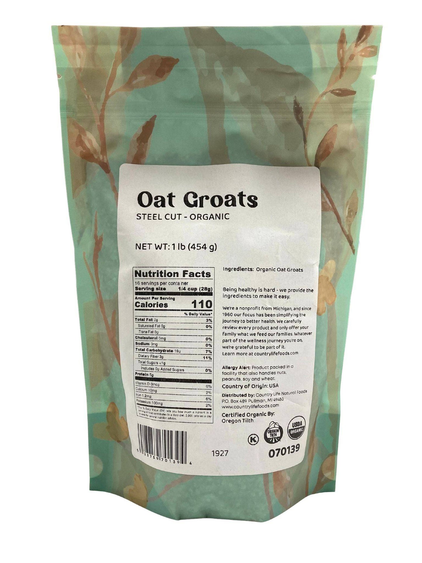 Organic steel-cut oat groats from Country Life Natural Foods, showing a close-up of the raw, whole oats in a bowl.