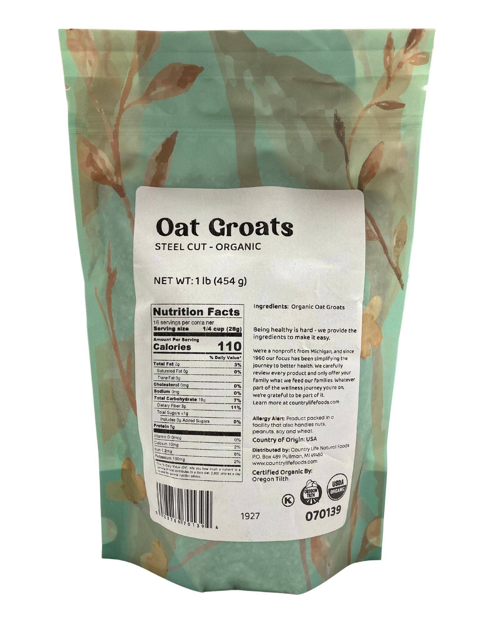 Organic steel-cut oat groats from Country Life Natural Foods, showing a close-up of the raw, whole oats in a bowl.