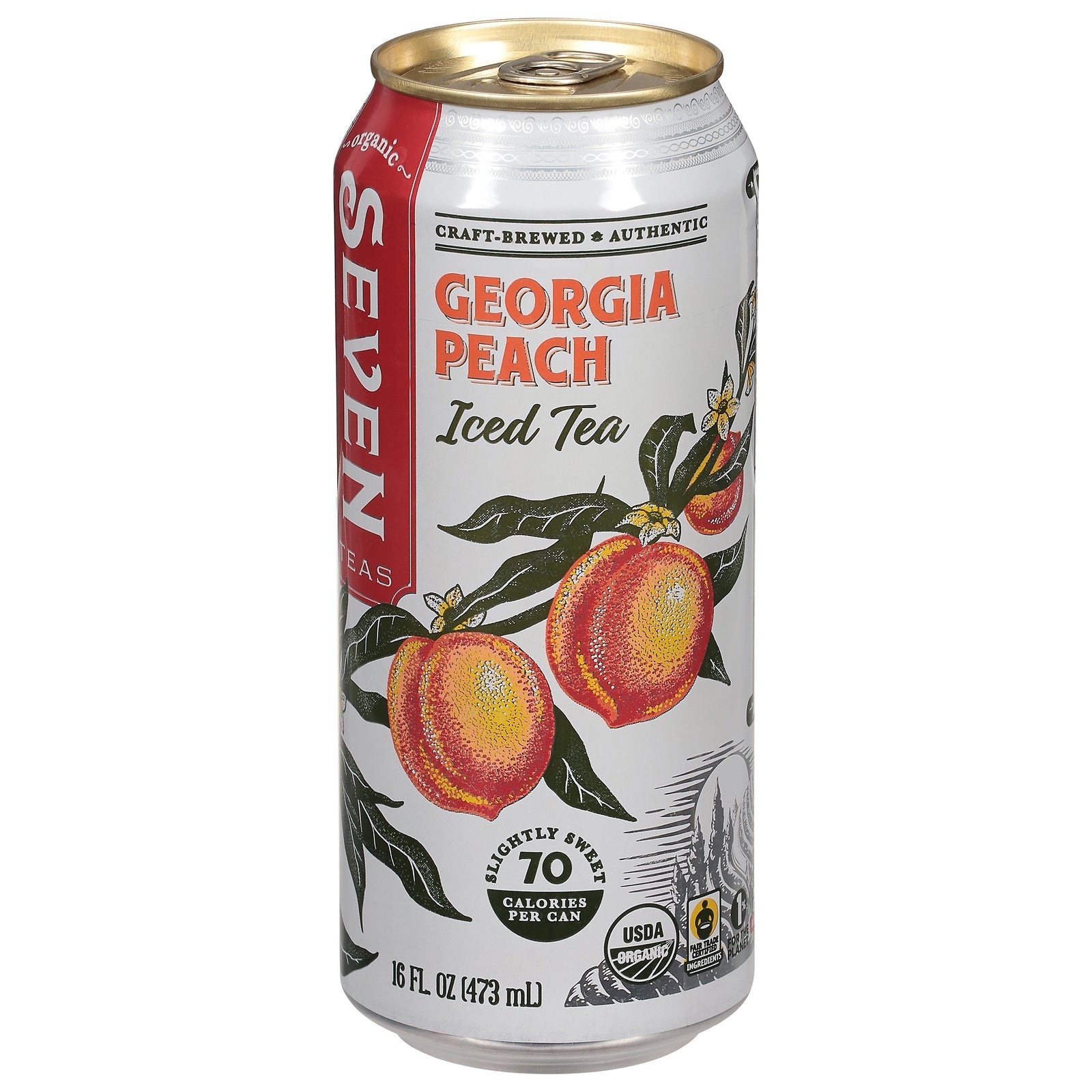 Cozy Farm Seven Teas Georgia Peach Tea in a 16 fl oz bottle, featuring fresh peach flavor and clear beverage with tea leaves.