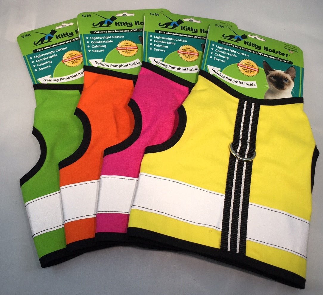 Sunshine yellow Kitty Holster cat harness by Crazy K Farm Pet and Poultry, made in the USA, with reflective safety features, small size.