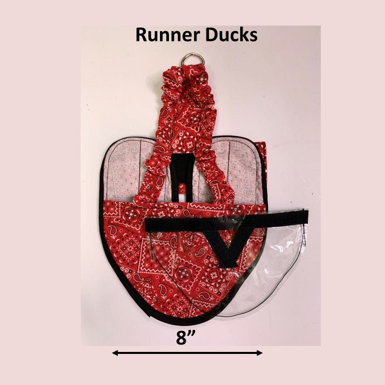 Crazy K Farm duck and goose diaper with removable liners, featuring a fixed chest tab and tiger runner design for poultry care.