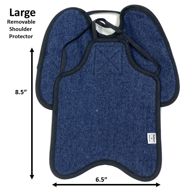 Navy hen apron with shoulder protectors from Crazy K Farm Pet and Poultry, designed for large chickens to prevent feather pecking.