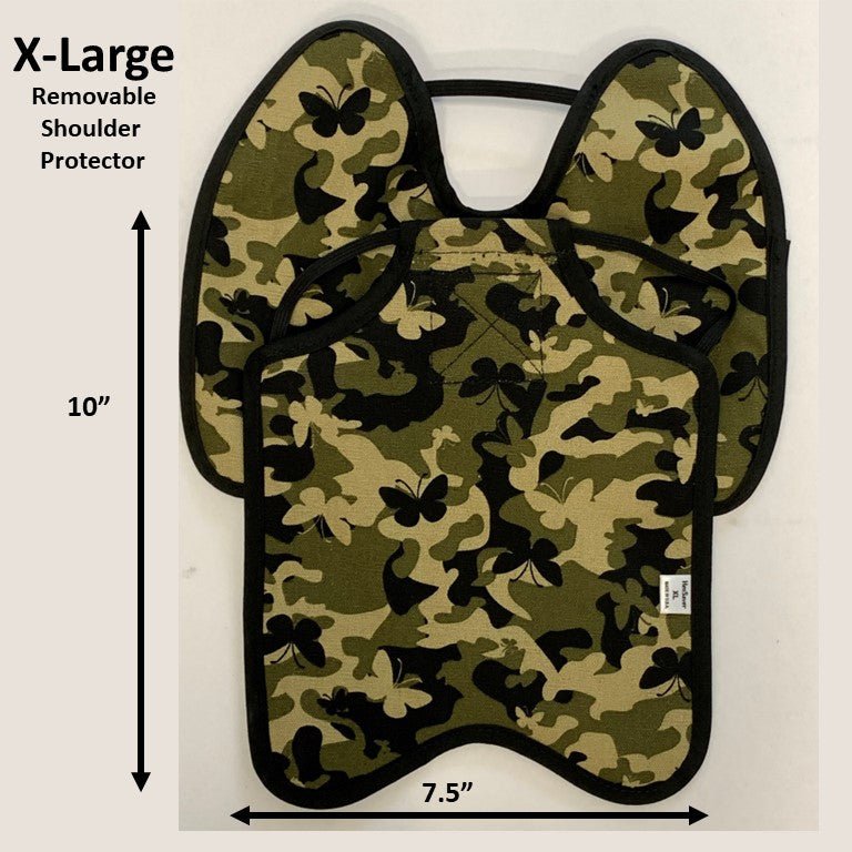 Navy hen apron with shoulder protectors by Crazy K Farm Pet and Poultry, designed for large hens to prevent feather pecking.